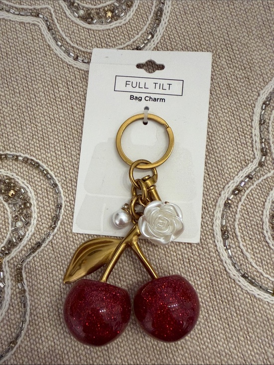 Full Tilt Accessories - Full Tilt Gold-Tone Cherry Keychain with Red Glitter Cherries and White Rose